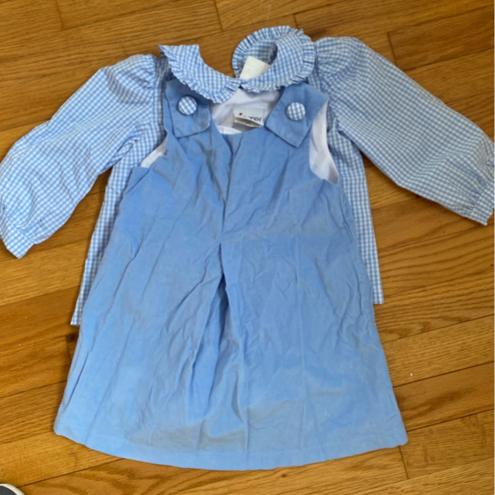 Delaney 3T light blue corduroy jumper with blue plaid shirt